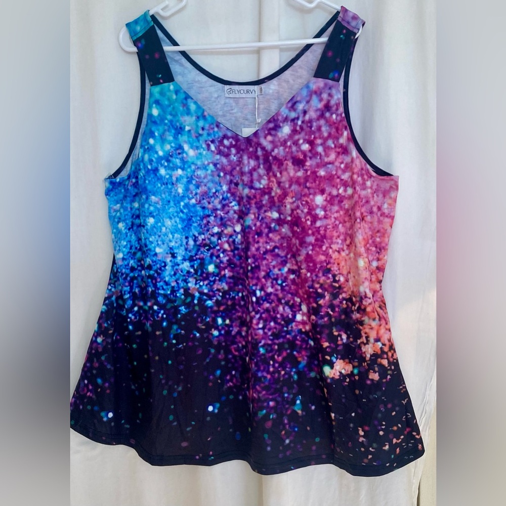NWT Pink/Blue Watercolor Print Poly/Spandex Cami w/ Built in Bra Size 2X